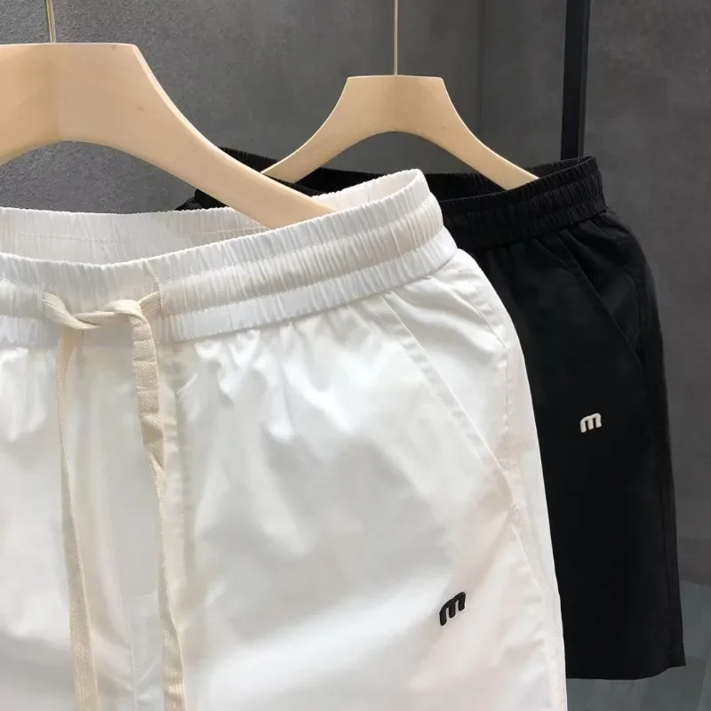 Summer New Men's Elastic Waist Casual Pants Versatile Pentagram Pants Ice Silk Shorts Thin Straight Leg Shorts Quick Drying Mid