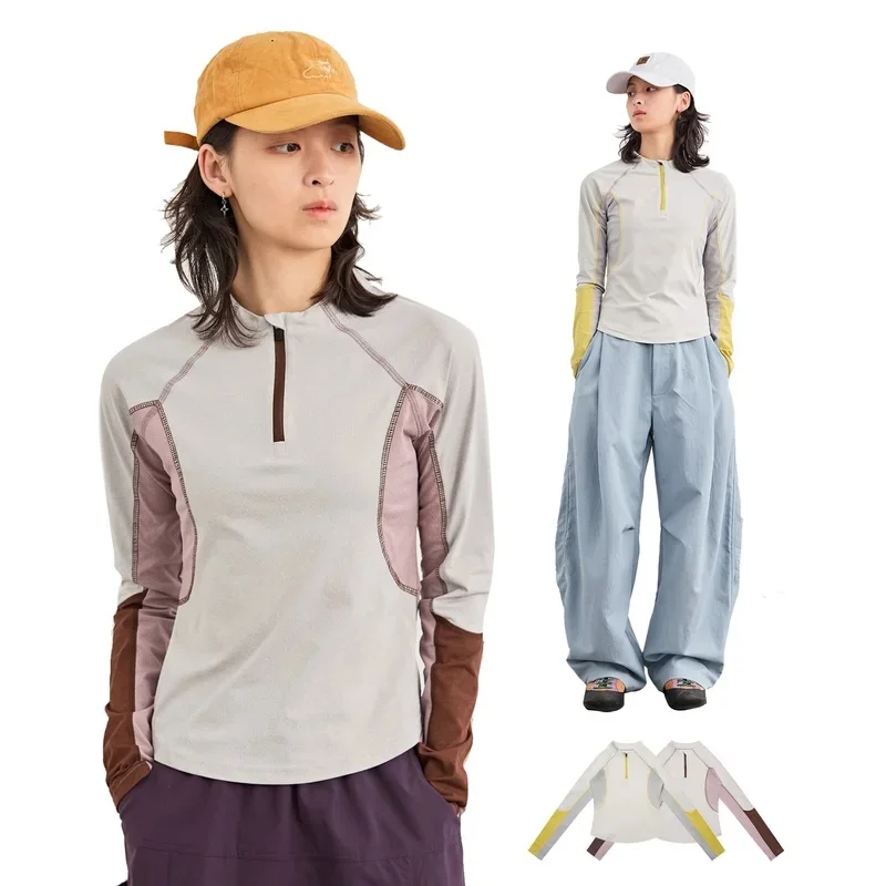 Women Splice Long Sleeve Outdoor Hiking Slim Quick Dry Casual Sport T-shirt Girl Streetwear Y2k City Walk Travel T Shirts Tops