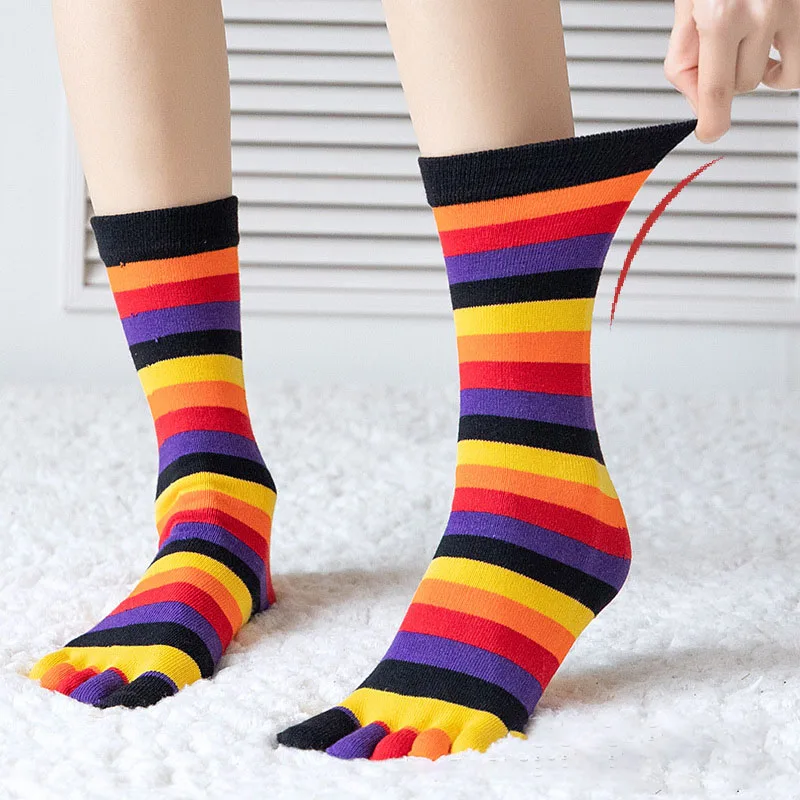 

1Pair Rainbow Striped Cotton Five Fingers Socks Women Autumn Winter Mid Tube Sweat-absorbing Split Toe Sock Breathable Crew Sock