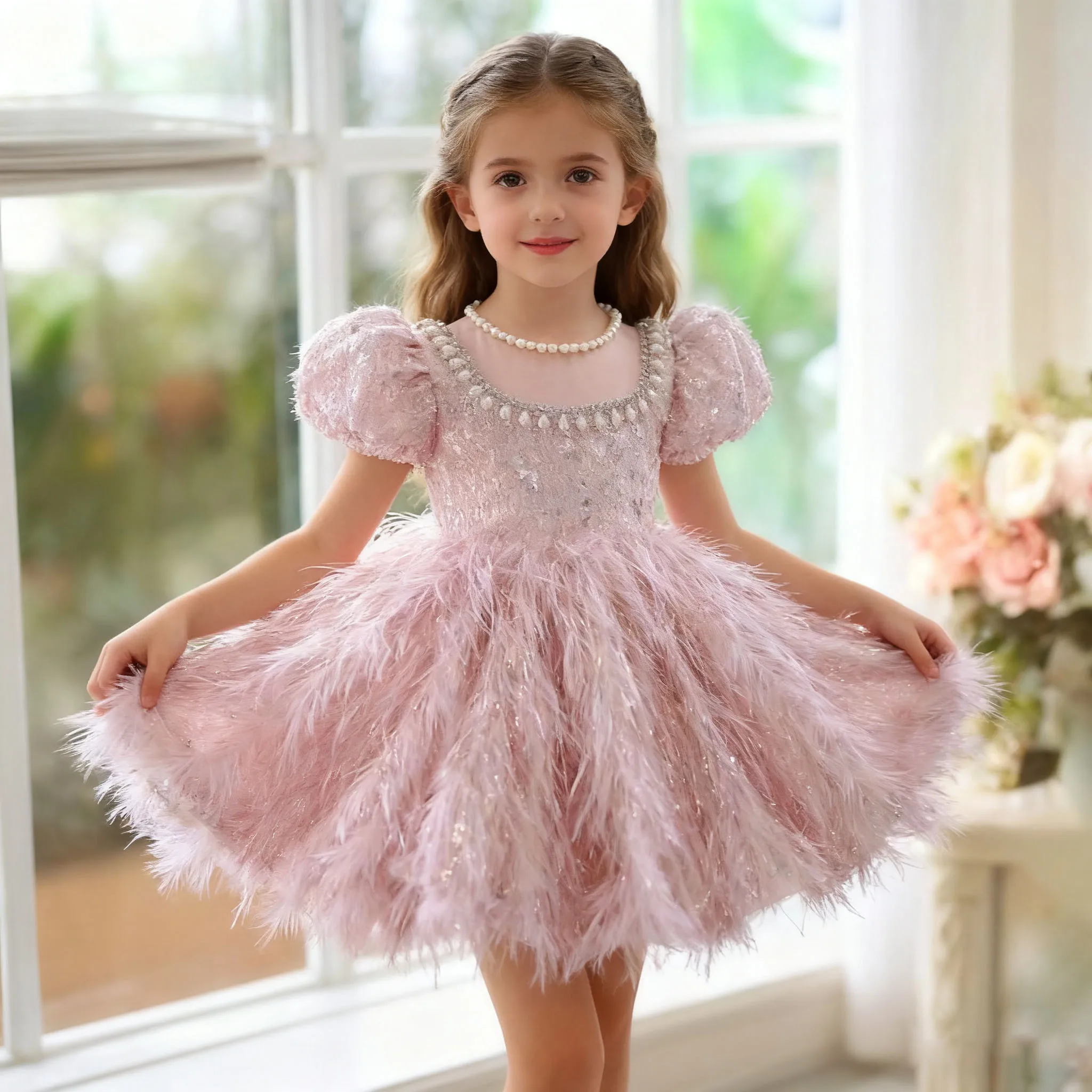 

Luxury Girl's Dress Sweet Pink Shiny Children's Princess Dress Pearl Toddler Party Weddings Birthday High-End Evening Clothes