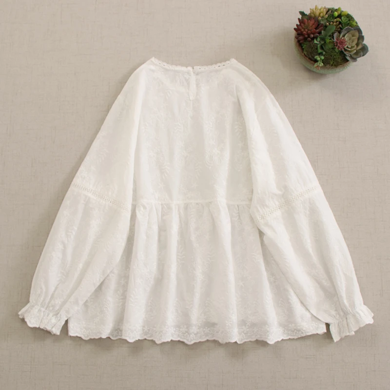 Spring New Japanese Mori Girl Sweet Embroidery Cotton Shirt Women O-Neck Long Sleeve Solid Color Casual Loose Blouse Tops