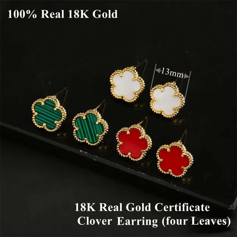 AU750 Real Gold 18K Gold Women\'s Earrings with Certificate Classic Jewelry High Quality Malachite Flower Fashion Jewelry Gift