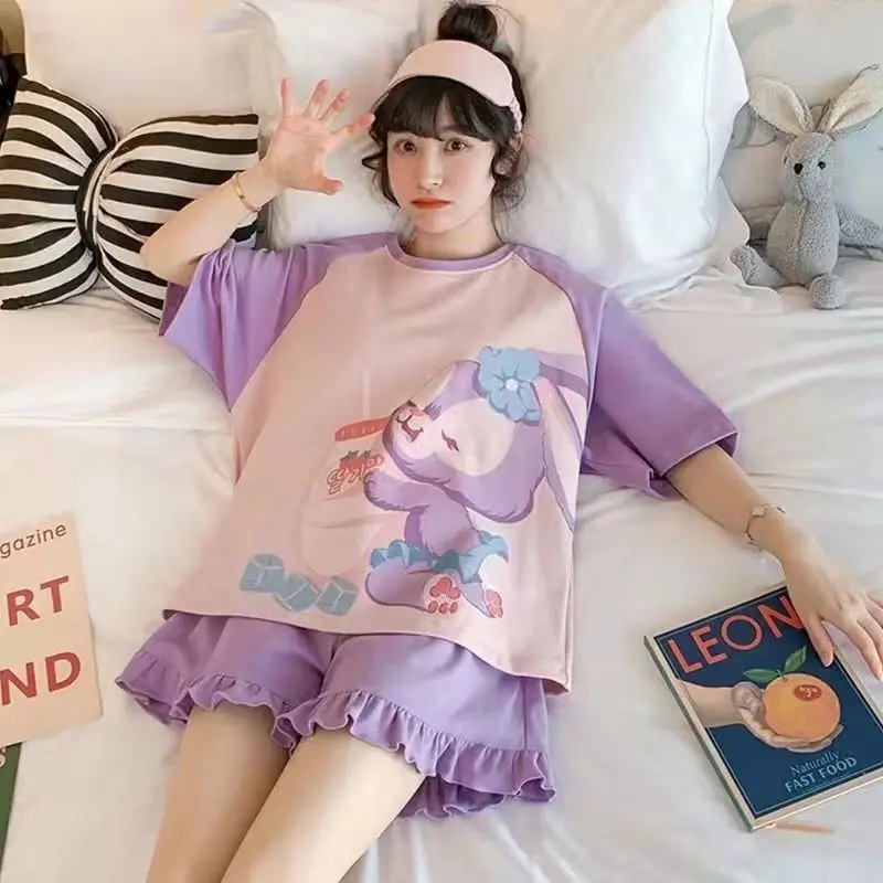 2Pcs Summer Pajamas For Girls Short-Sleeved Shorts New Cute Cartoon Ladies Student Shorts Homewear Suit Pajama Set Underwear Set