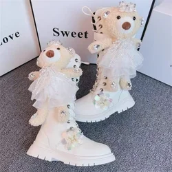 2024 Winter New Children's Tall Boots Spring and Autumn Girls' Little Bear Pearl sequin Side Zipper Fashion Princess Boots