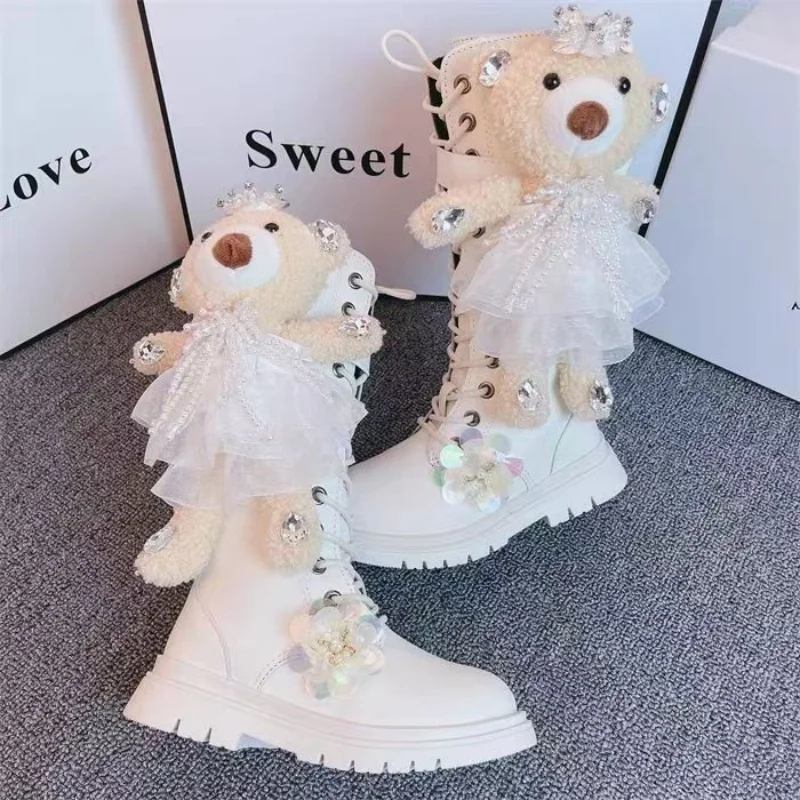 2024 Winter New Children's Tall Boots Spring and Autumn Girls' Little Bear Pearl sequin Side Zipper Fashion Princess Boots