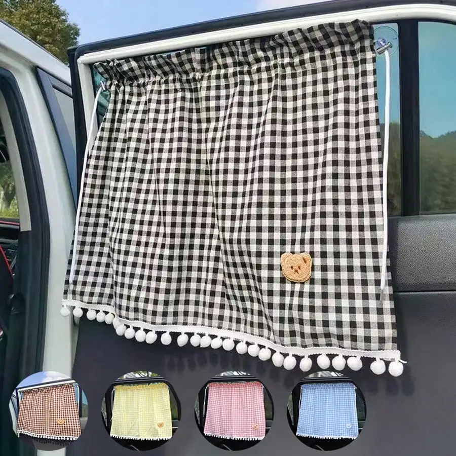 1Pc Car Sunshade Rear Window Universal Suction Cup Type Back Row Car Curtain Car Sun Block Shade Curtain Cute Plaid Bear Sunshad