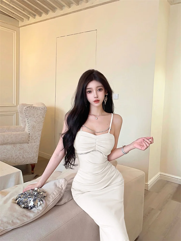 النمط الفرنسي الماس ديكور غمد اللباس للسيدات مثير أكمام ذيل السمكة الحمالة منتصف طول اللباس المألوف حزب اللباس #6