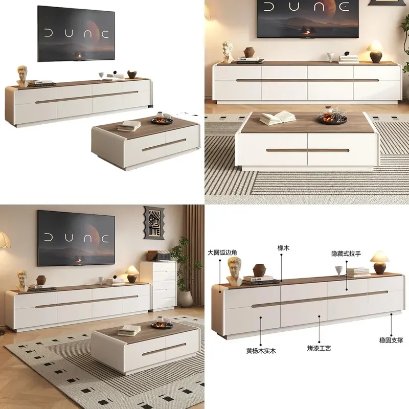 60cm High Double Layer Solid Wood Floor to Ceiling TV Cabinet Coffee Table Combo Light Luxury Simple Living Room Small