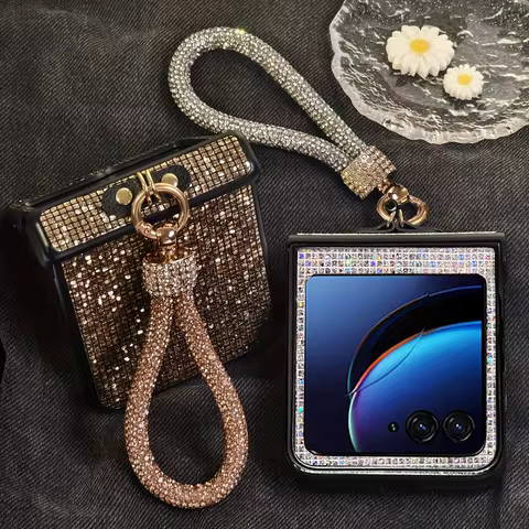 Luxury Glitter Diamond Lanyard Phone Case For Moto Razr 50 60 Ultra 2025 + 2024 Shiny Bracelet Grid Shockproof Hard PC Cover