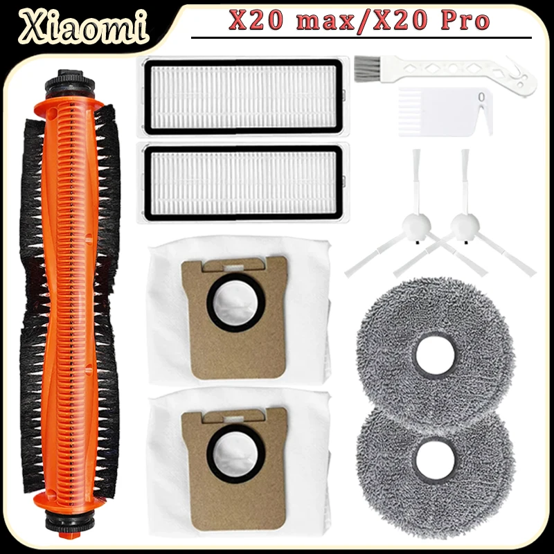 Kit de peças de reposição para acessórios de aspirador robô Xiaomi X20 Max/X20 Pro, escova principal, escova lateral, filtro, pano de limpeza, sacos de pó