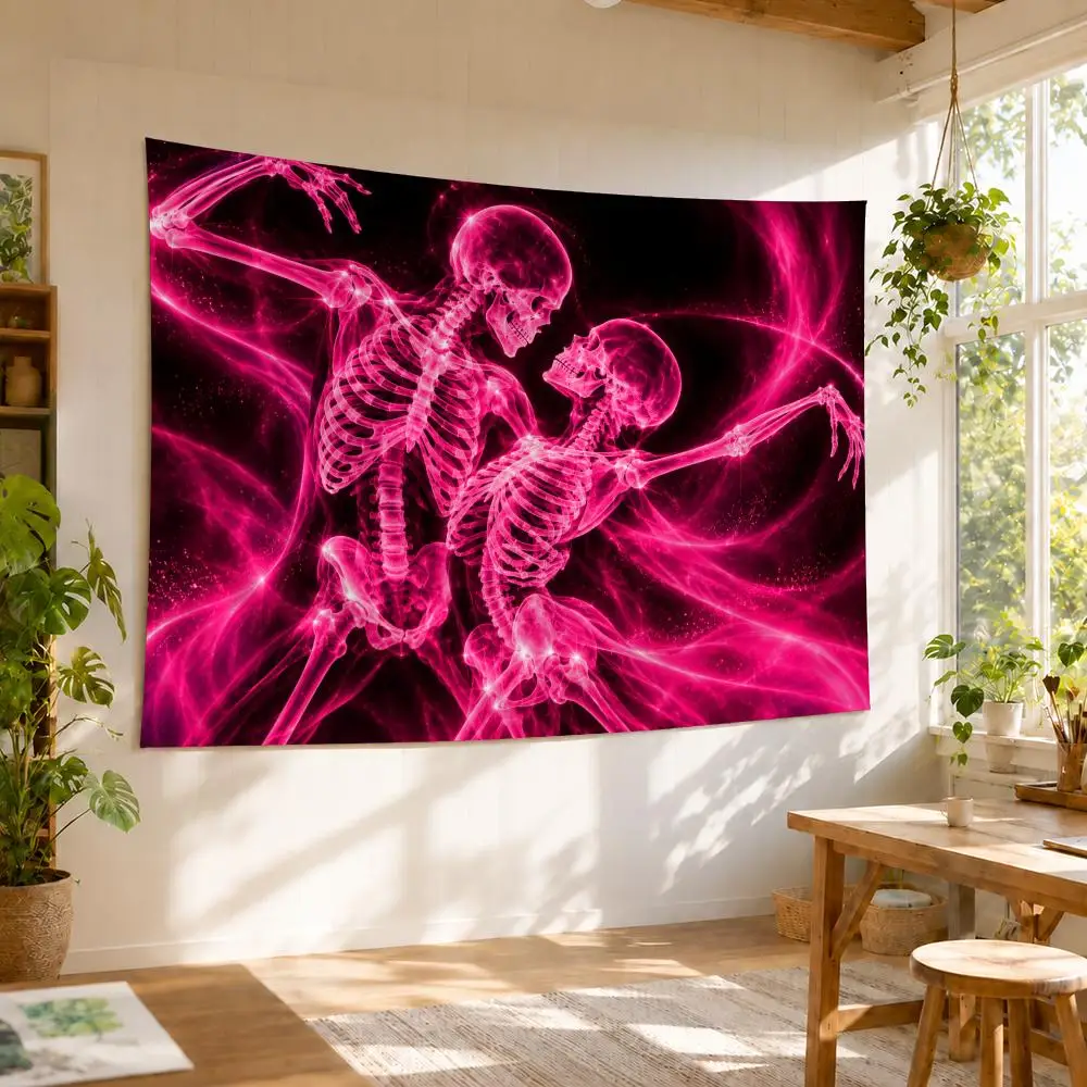 Pink Skull X-Ray Tapestry Durable Soft Microfiber Horizontal Wall Hanging Decor For Bedroom Patio Garden Parties