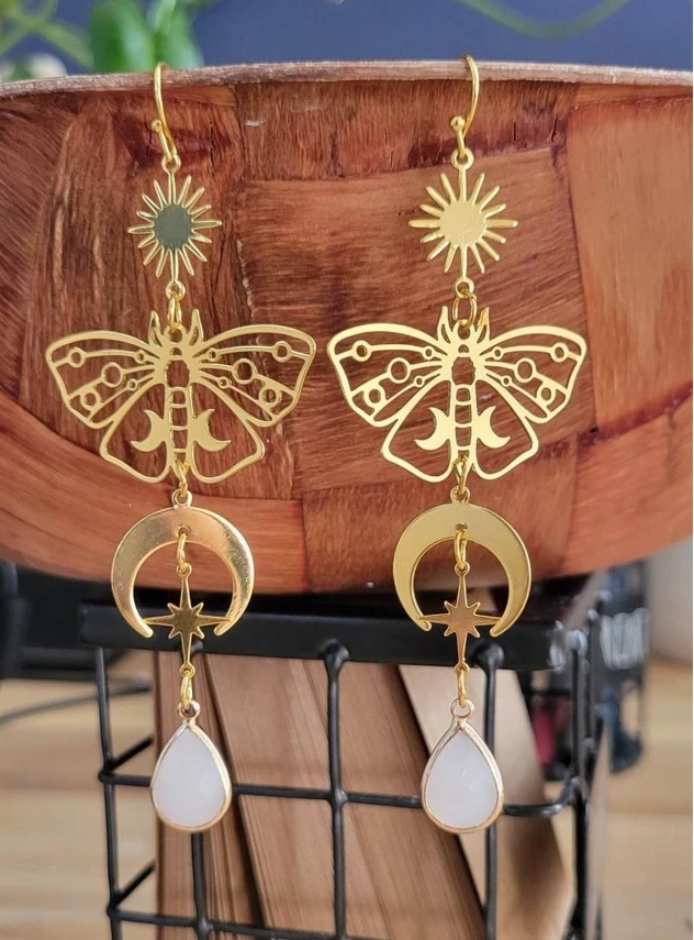 Witch Death Moth Butterfly Crescent Moon Dangle Earring for women