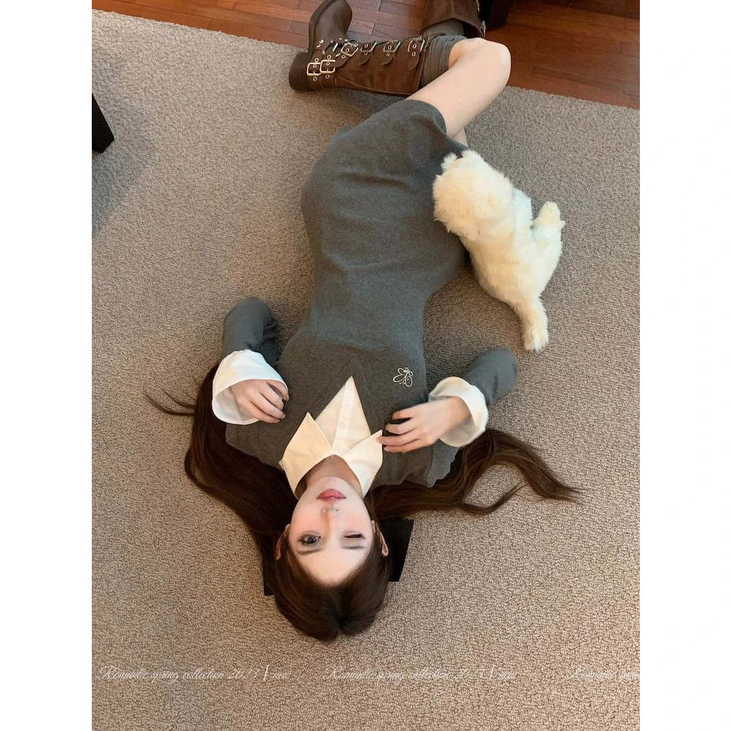 Gray Knitted Dress Fake Two-Piece Women's Base Layer City Commute Autumn 2025 New Style Elegant Hot Girl Wrap around Skirt