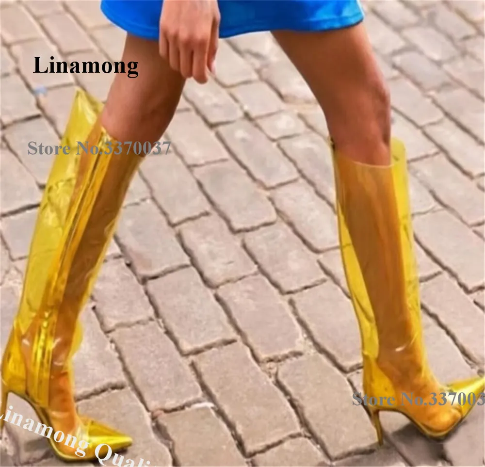 Linamong Sexy transparente PVC-Stiefel mit Stiletto-Absatz, kniehohe Stiefel mit spitzer Zehenpartie, Gold, Silber, Weiß, transparent, mit Reißverschluss, dünner Absatz, lange Stiefel