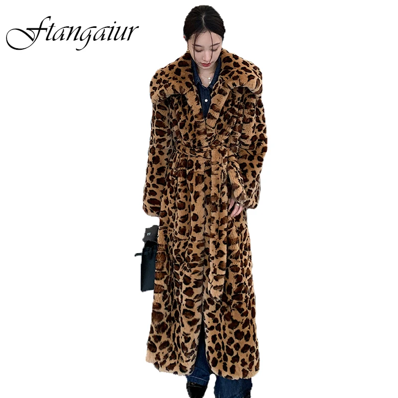 

Ftangaiur Winter Import Rex Rabbit Fur Coat Women Turn-Down Collar With Sashes X-Long Leopard Natural Real Rex Rabbit Fur Coats