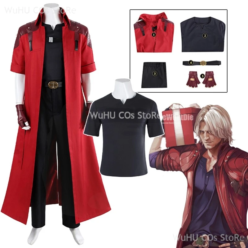 Hermoso disfraz de Halloween Anime Devil May Cry abrigo de Cosplay Dante cortavientos rojo ropa peluca blanca hombres traje de juego de rol de Halloween