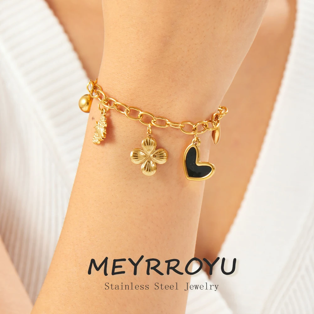 MEYRROYU 316L Stainless Steel Black Drip Oil Heart Flower Bee Charm Bracelet Women New Trend Hand Chain Party Jewelry Gift