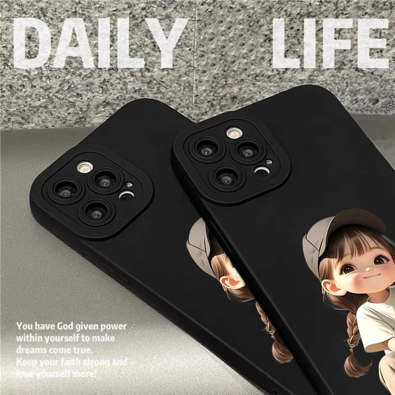 黒のダブルポニーテールの女の子のかわいいミニマリスト柄のスマホケース Xiaomi 14T 13T 12T Pro 11 Lite 5G 15 14 13用 ソフトバンパーカバー