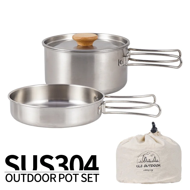 

Outdoor Mountaineering 304 Stainless Steel Folding Handle Pot Camping Portable Frying Pan Soup Pot Home Picnic Pot Set