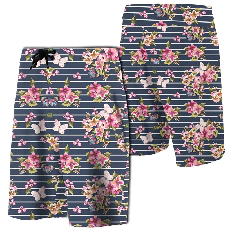 Tropical Flamingo Hibiscus Board Shorts Hawaii Men's Shorts Women Vacation Beach Short Pants Polynesian Floral Shorts Swim Trunk