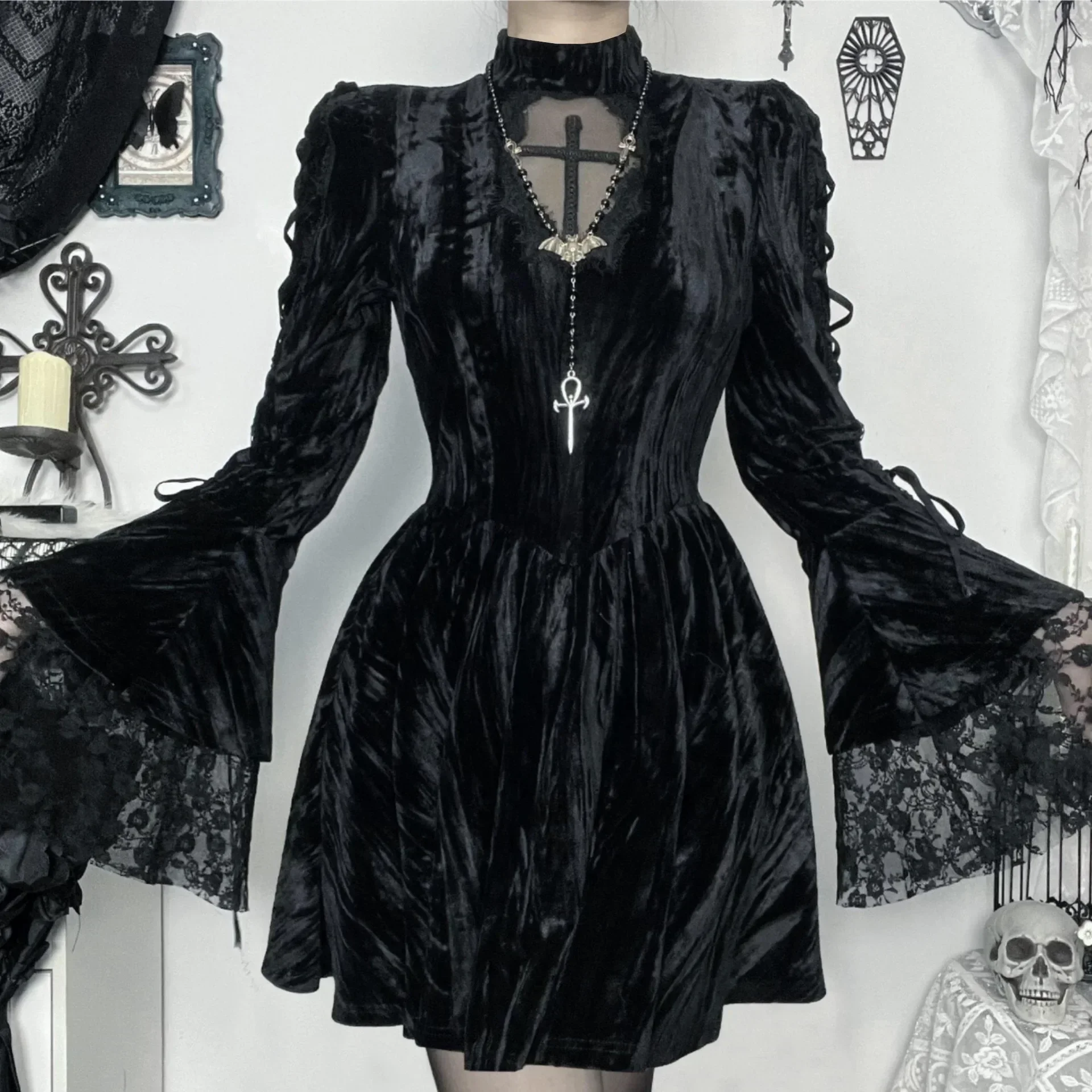 

Y2K Goth Black Velvet Cross Lace See Through Flared Sleeve Party Dresses Vintage Elegant Lace-up A-Line Mini Dress Halloween