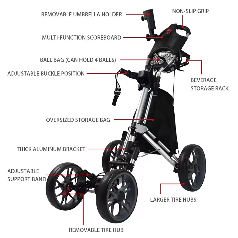 عربة جولف 4 عجلة إطار من الألومنيوم عربة دفع جولف محمولة خفيفة الوزن قابلة للطي حامل كروي ملحقات عربات جولف مع حمالة صدر للقدم #6