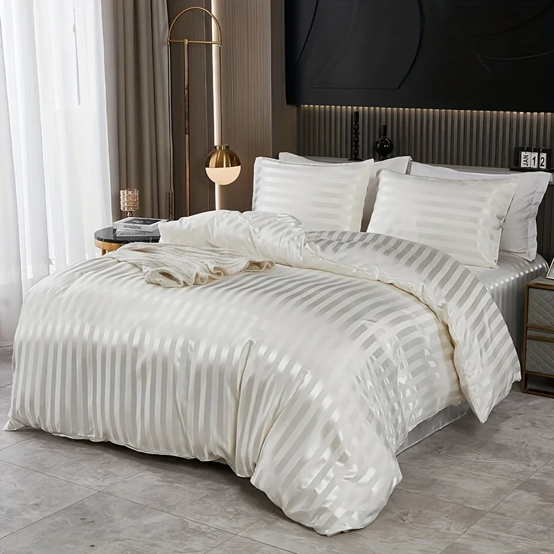 3-teiliges Set aus schlichtem und klassischem Satin-Bettwäsche-Set mit Streifenmuster, geeignet für Schlafzimmer, Studentenwohnheime und Hotels, ideal als Geschenk für die Feiertage. – Detail 10