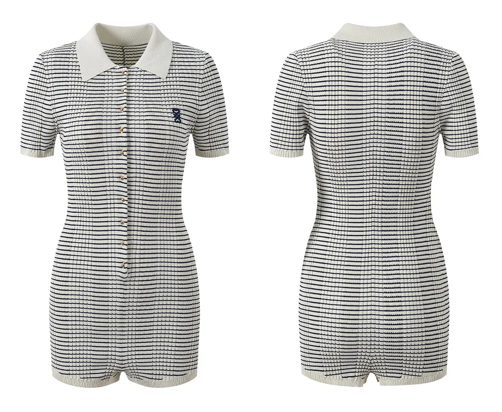 

Knitted Jumpsuit Polo Collar Single-breasted Contrasting Stripes Slim and Short Sleeves 25 Spring and Summer New Style Jumpsuit