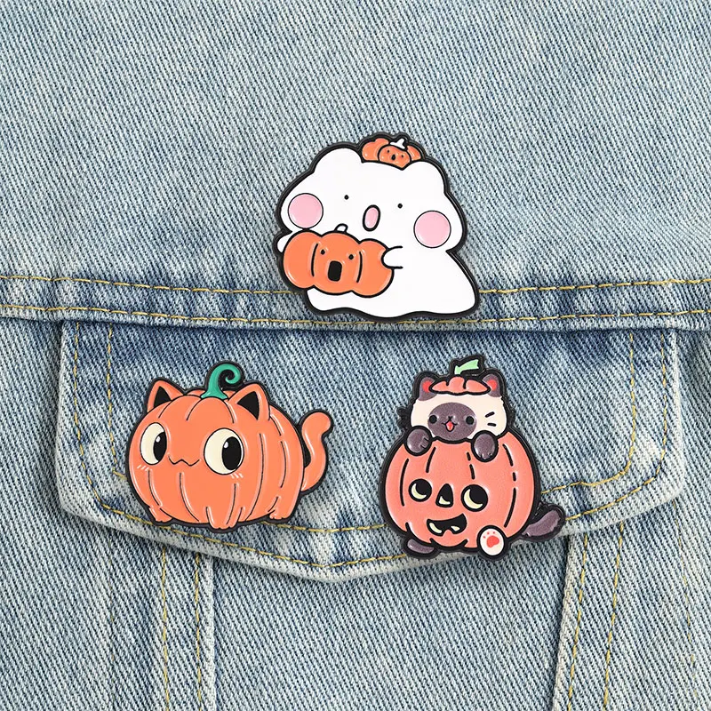 Halloween Cat Ghost Badge Pumpkin Kitten Enamel Pins Spooky Jack‑o‑Lantern Brooch Cute Creepy Punk Accessories Decor Gift