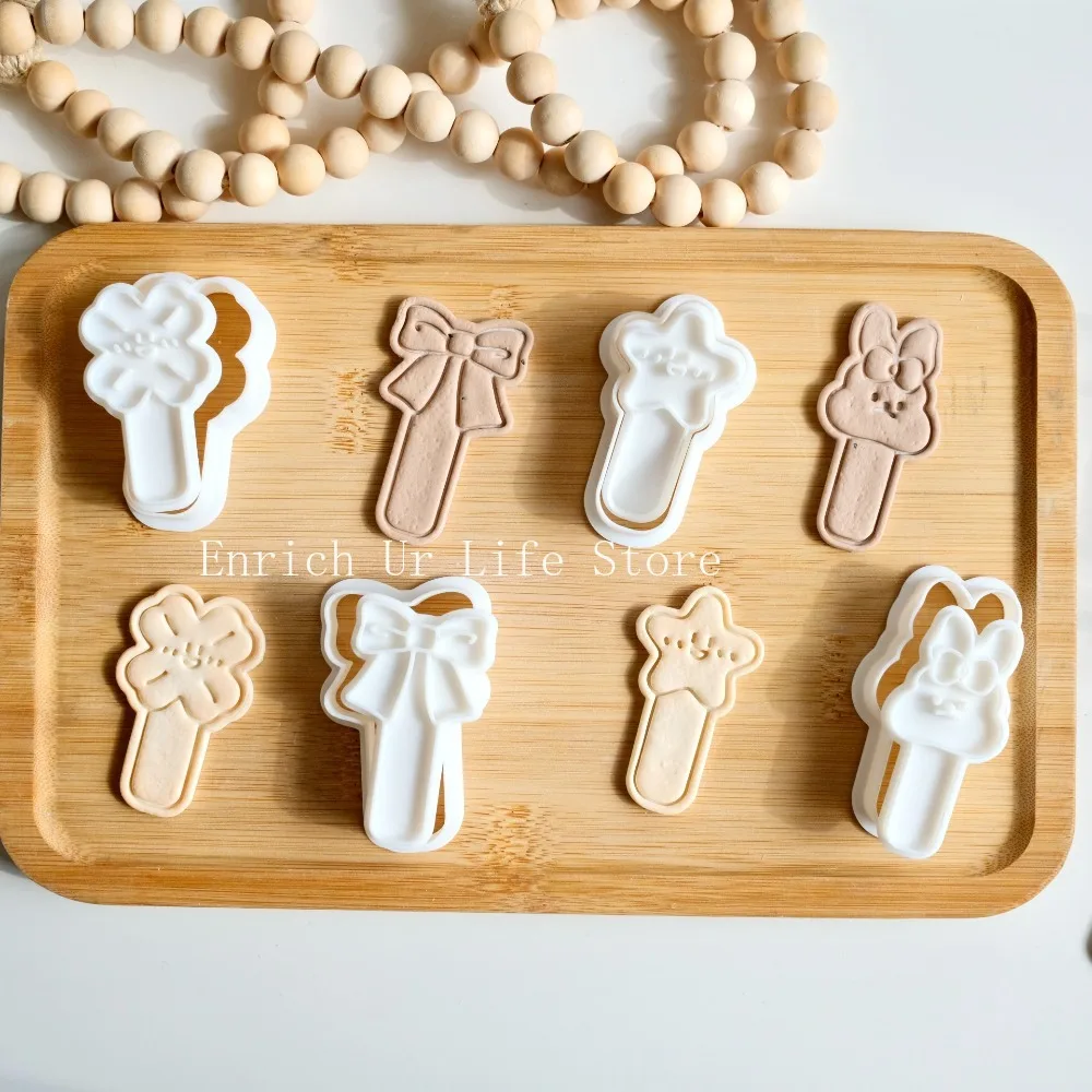 4pcs Cartoon Animal Lollipop Shaped Cookie Cutter Biscuit Mold Bow Star Rabbit Stamps Pressable Household Baking Embossing Tools