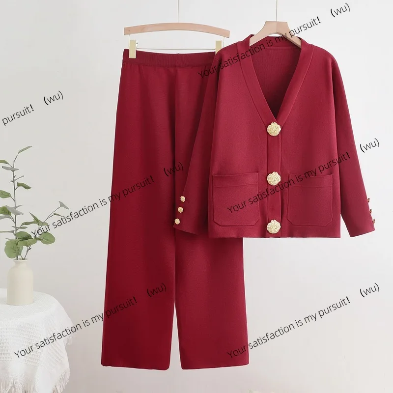 

Осенне-зимний новый однорядный металлический кардиган на пуговицах с v-образным вырезом, топ, широкие брюки, вязаный универсальный комплект из двух предметов