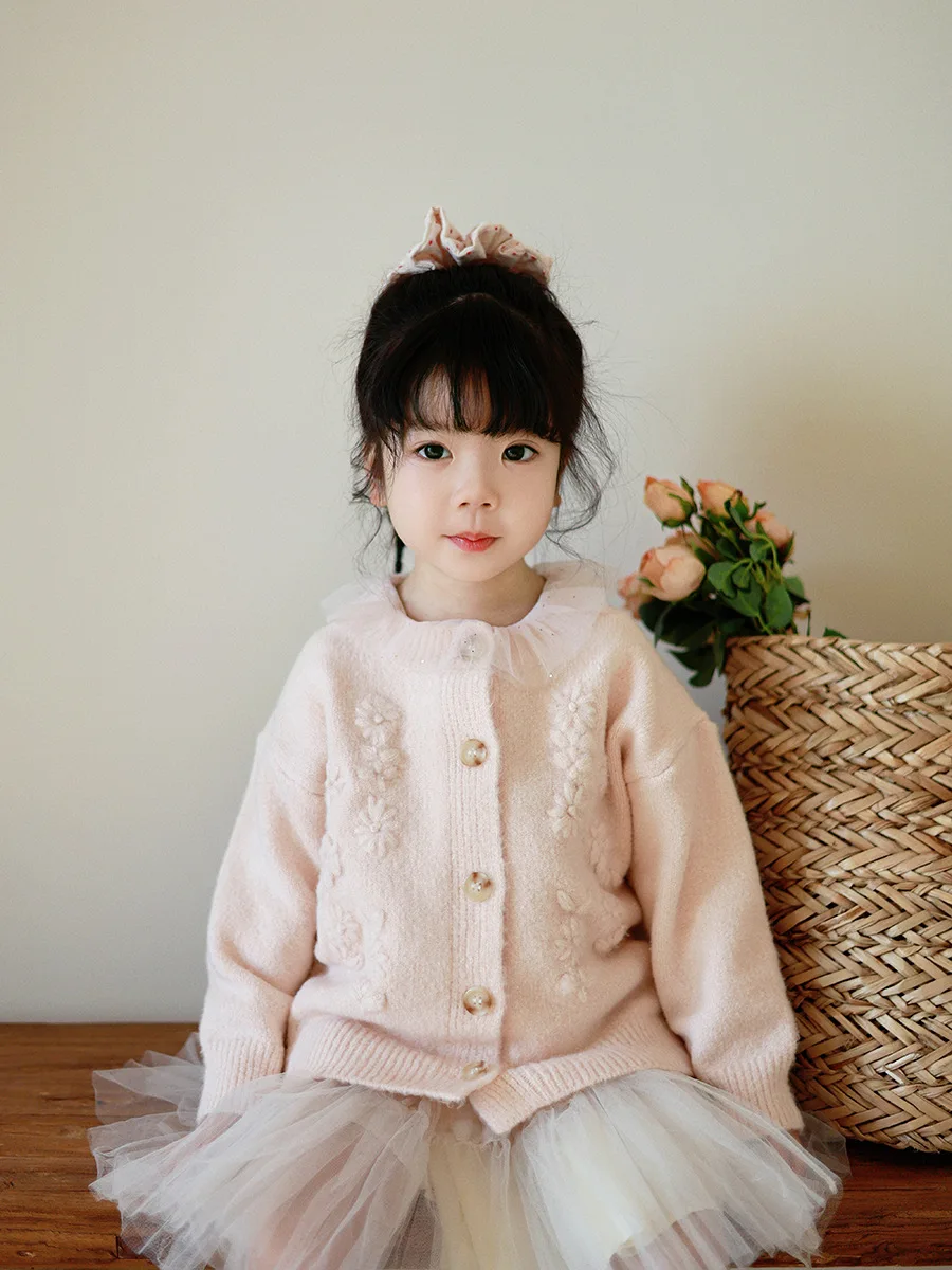 2026 New Spring Autumn Toddler Girl Hand Embroidery Floral Knit Cardigan, Nordic Ins Style Baby Outerwear Coat