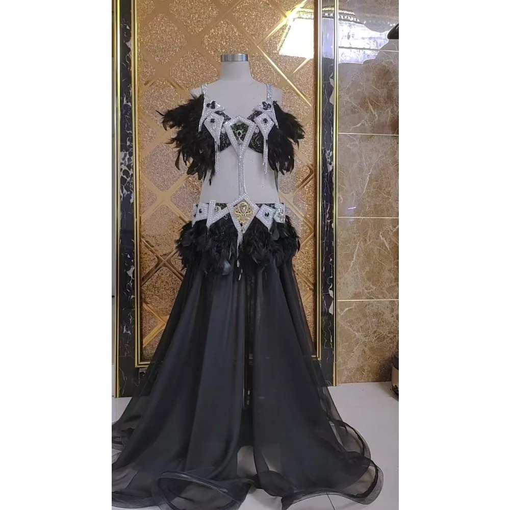 BellyDance Suit Embroidery Diamond Bra Split Fishtail Skirt Performance Set Custom Adult Child Competition Clothing Accessories