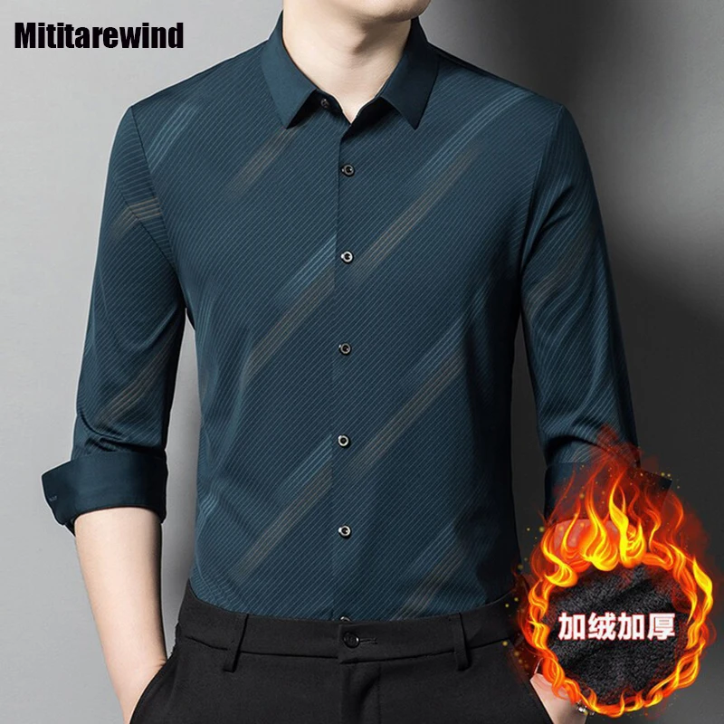 

2024 New Winter Mens Shirt Office Causal Fleece Shirts Business Lapel Long Sleeve Printed Button Up Shirt Men Keep Warm Clothing