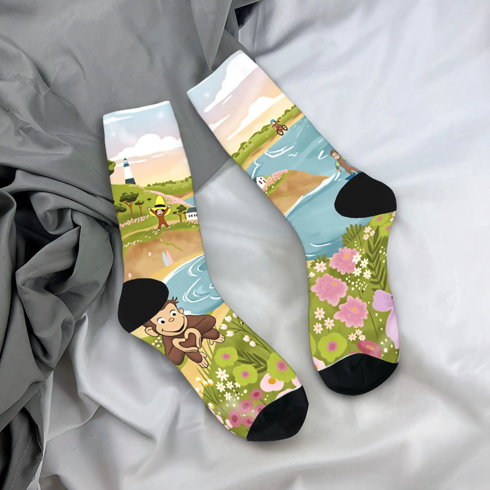 Curious George Monkey Socks  Vintage Stockings Winter Non Slip Men Socks Warm Soft Graphic Climbing Socks