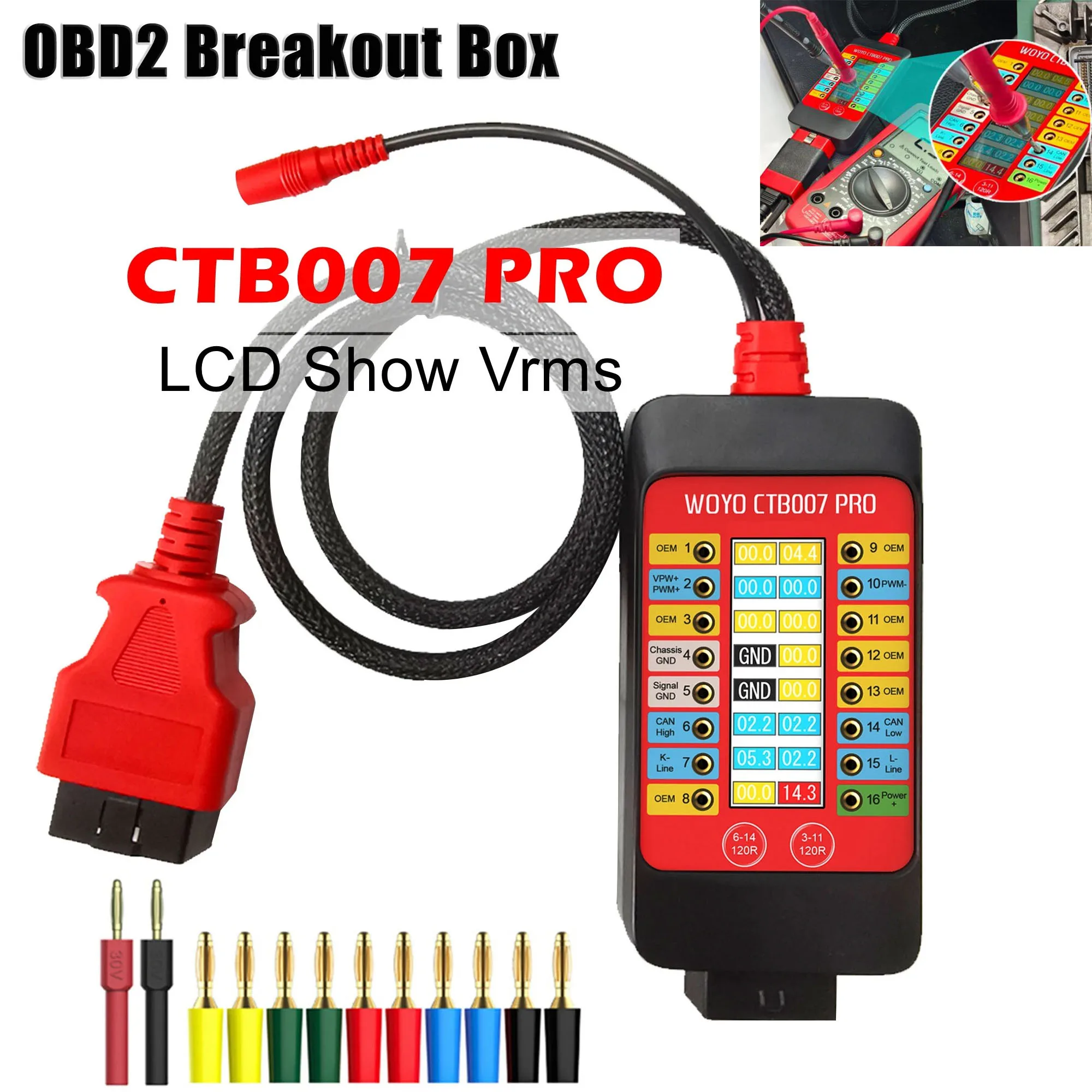 

CTB007 PRO OBD2 Breakout Box with LCD Display 16PIN Vrms WOYO CAN Tester Box Built-in 120Ω Switch for ECU Testing Tool on Bench