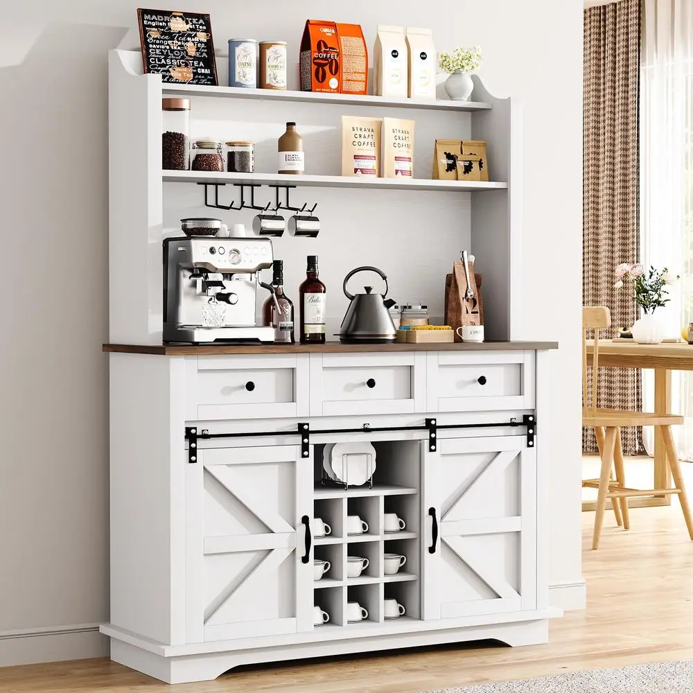 

Кофейный барный шкаф с выдвижными дверцами, 63-дюймовый кухонный шкаф-буфет с 3 большими ящиками, высокий винный шкаф с 9 полками для вина