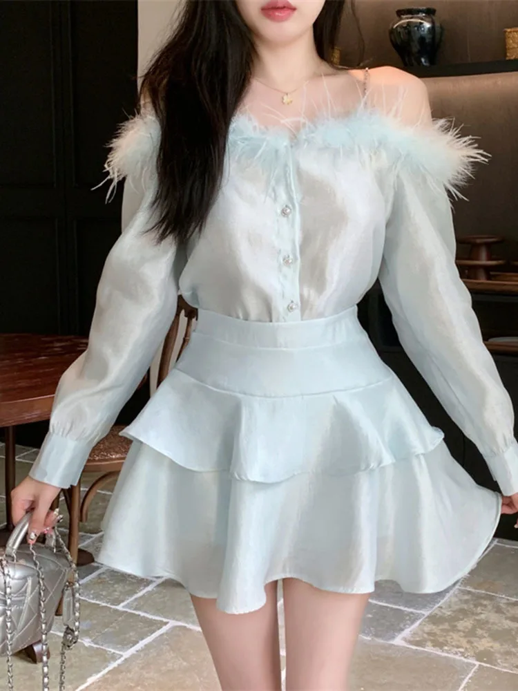 French style one shoulder suspender with fur fringed long sleeved top+high waist cake skirt fashionable set for women autumn