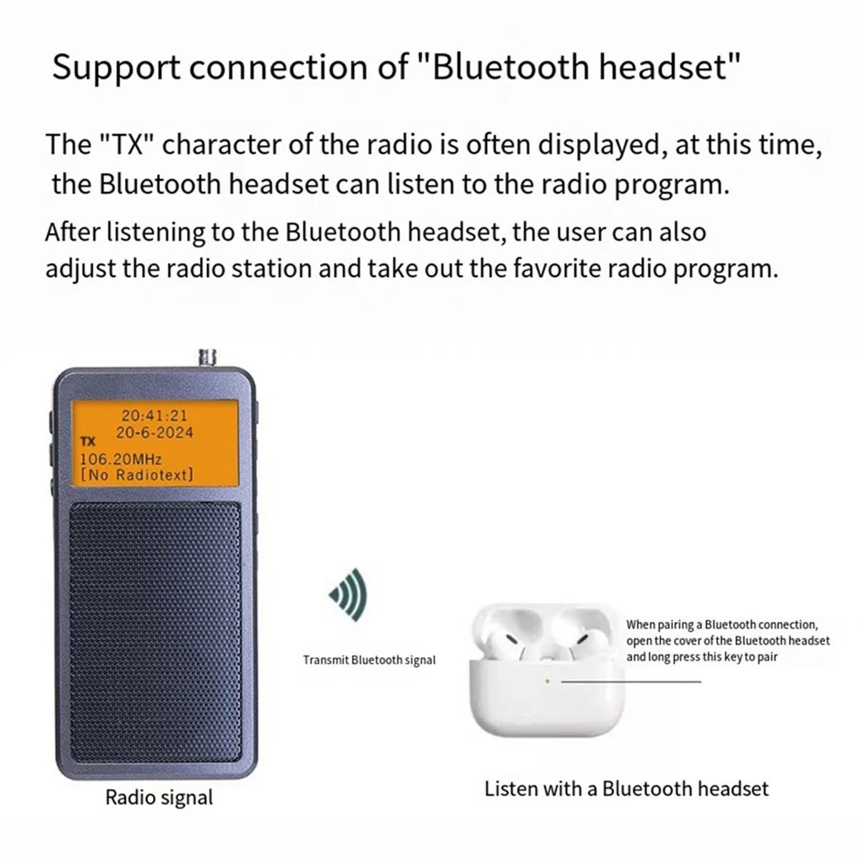 POP-lHRD205 Мини-портативный высокочувствительный Bluetooth-передатчик Радио Стерео FM Перезаряжаемый для пожилых людей