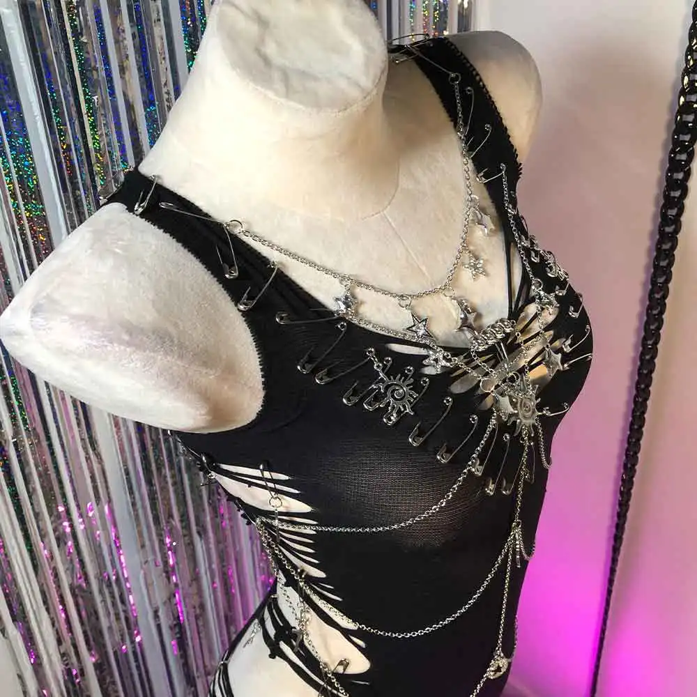 Eco 90s crânio kawaii diy grunge e-girls corrente harajuku pino punk rock y2k topos vestido gótico cyber feito à mão emo goth adolescente