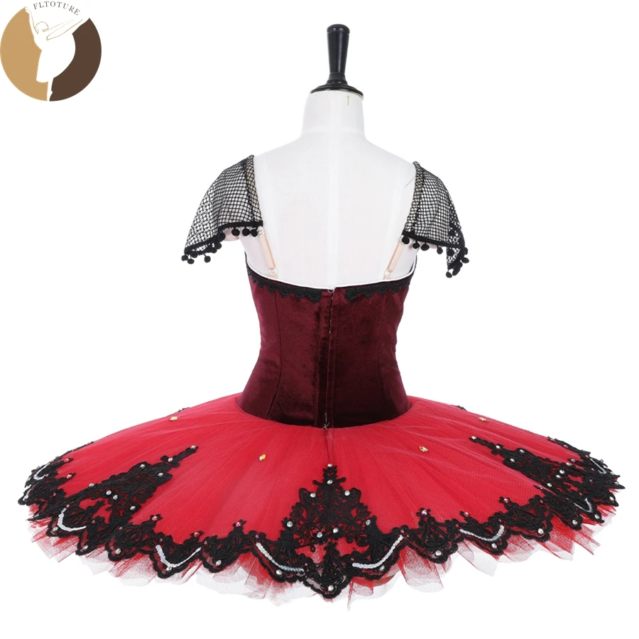 FLTOTURE Burgundry Velvet Elastic Adjustable Pancake Skirt Women Classical Ballet Variation Don Quixote 12 Layers Tutu Dress