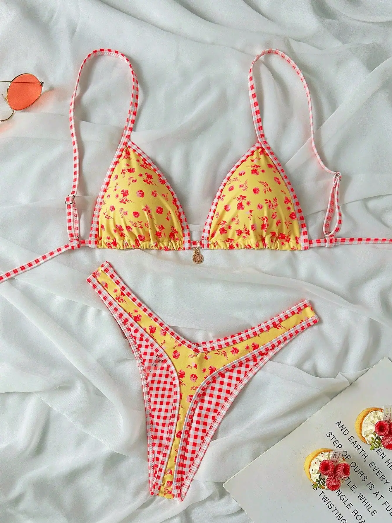 Sexy Orange Floral Print Bikini Set Women Metal Circle Ornament Push Up Bra Thong Swimsuit Beach Bathing Suit Mini Swimwear 2026
