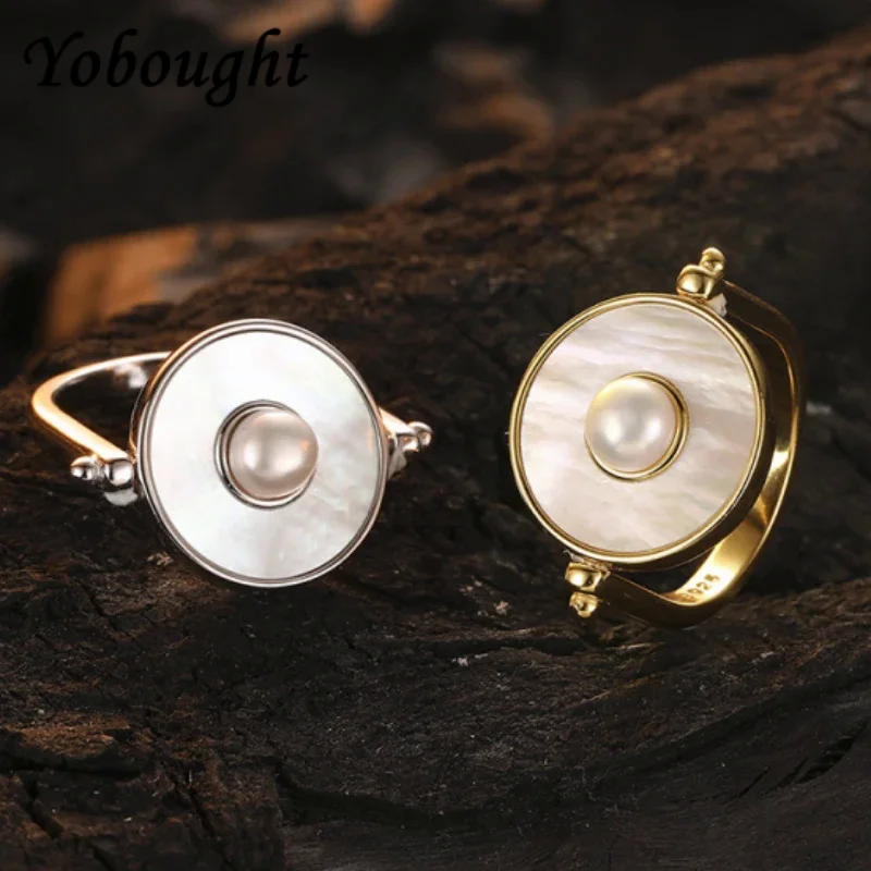 

New 925 Silver Jewelry White Shell Rotating Freshwater Pearl Women'S Ring Adjustable Free Shipping