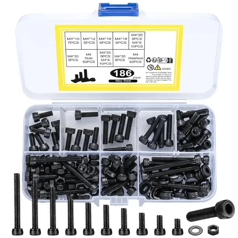 

186Pcs Hex Socket Head Cap Screws Bolts and Nuts Washers Set M4 Metric Allen Hex Socket Head Cap Screws Bolts Assortment Kit