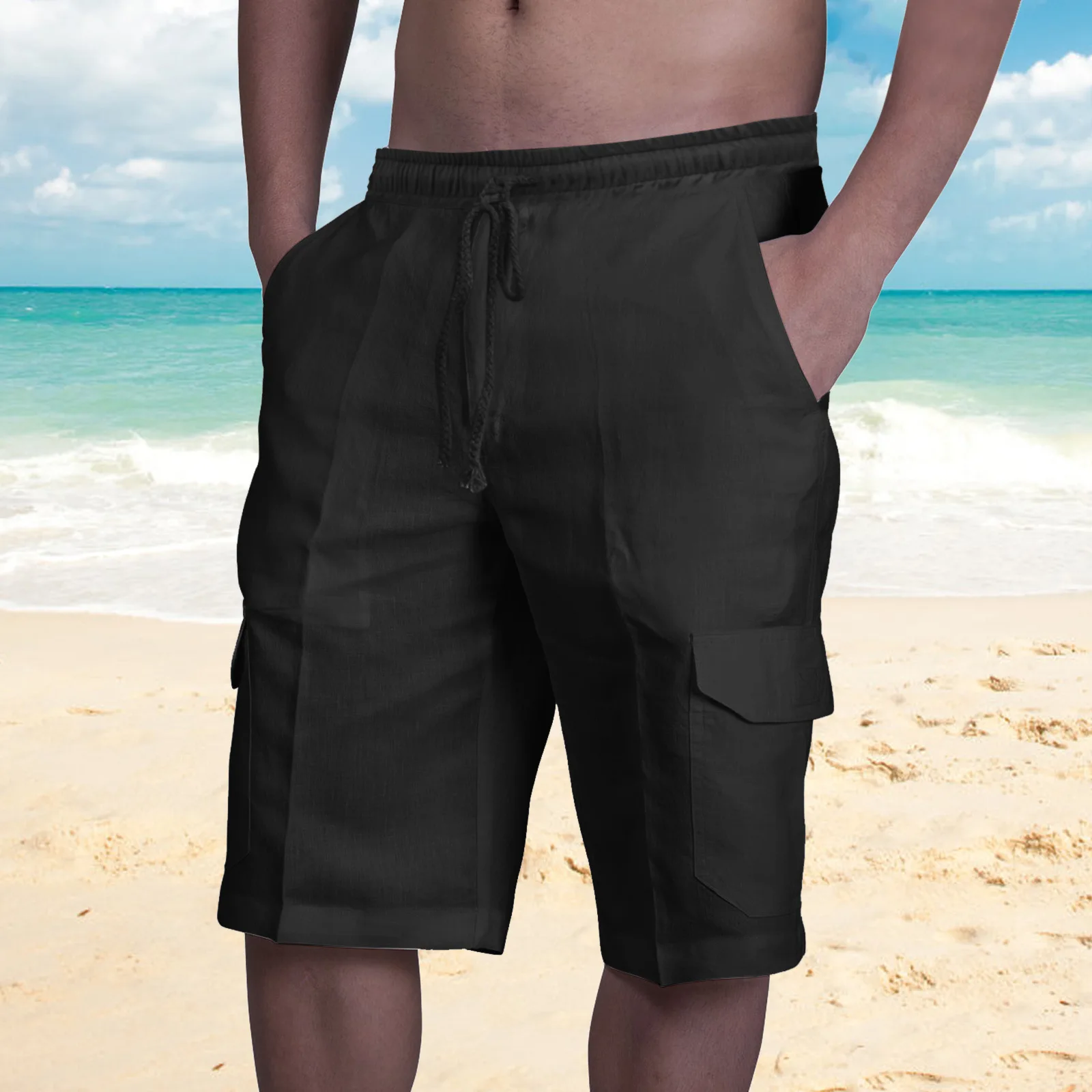 2025 New Summer Casual Cotton and Linen Pocket Solid-Color Shorts, Men's Lace-Up Fashionable and Comfortable Beach Cargo Pants