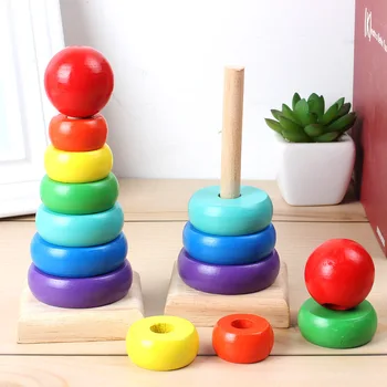 Dziecko Rainbow Tower układanie zabawek Montessori drewniane kolorowe układanie Puzzle pierścień wczesna edukacja pomoce nauczycielskie zabawki dla dzieci na prezent