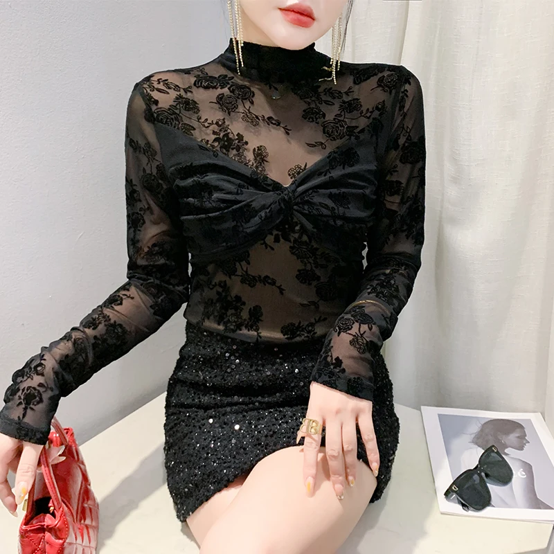 

Модный вельветовый топ с принтом и узлом, женский весенний топ с полувысоким воротником, длинный рукав, облегающий базовый топ