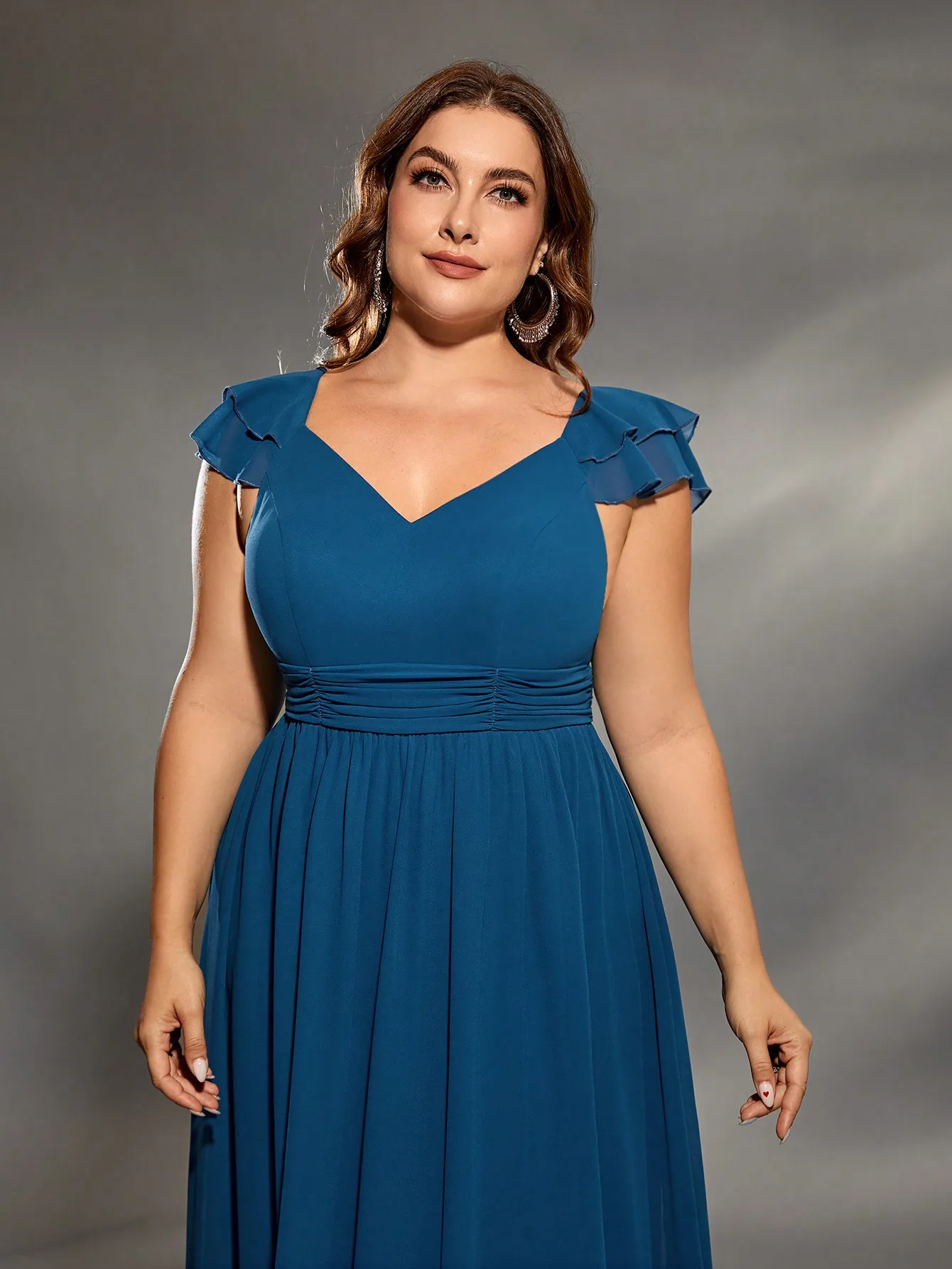 Mgiacy plus size V-neck double layer lotus sleeve chiffon full skirt Evening gown Ball dress Party dress Bridesmaid dress