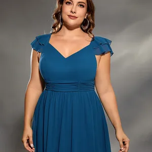 Mgiacy-V-Neck طبقة مزدوجة اللوتس كم الشيفون تنورة كاملة ، فستان سهرة ، فستان حفلة الكرة ، فستان وصيفة الشرف ، حجم زائد أعلى 6 فساتين وصيفة الشرف للمبيعات بحجم كبير - No4