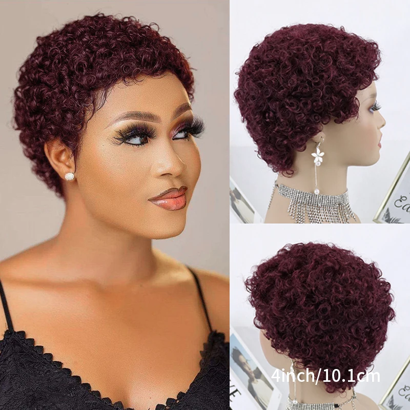 Fluffy Pixie Cut Human Hair Wig - 100% Remy, 150% Density, Afro Kinky to Water Wave Styles - 4 Inch Machine Made Short Wig